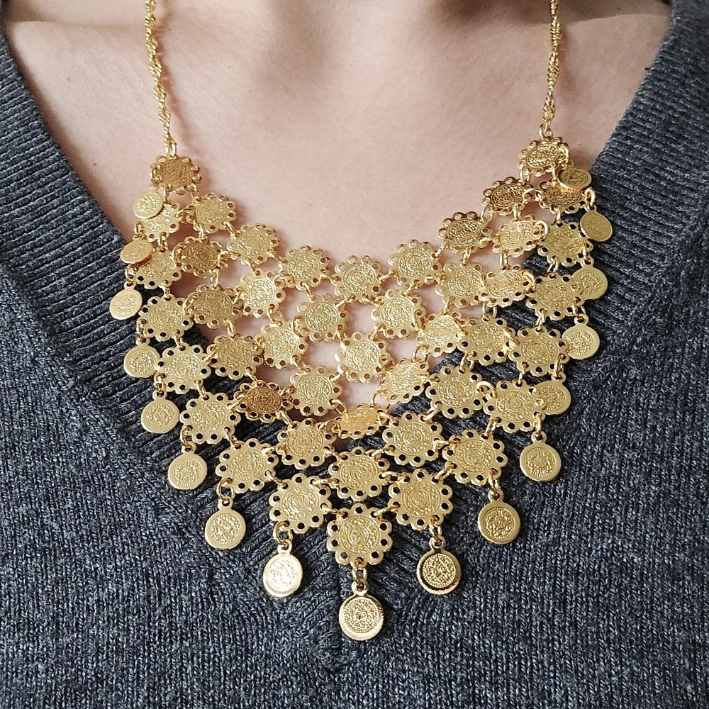 Vintage Gold Coin Medallion Bib Statement Necklace
